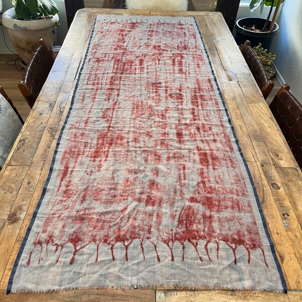 D)Lux Scarf Wool Silk Red Dyed Pattern with Frayed Ends 75" x 27"